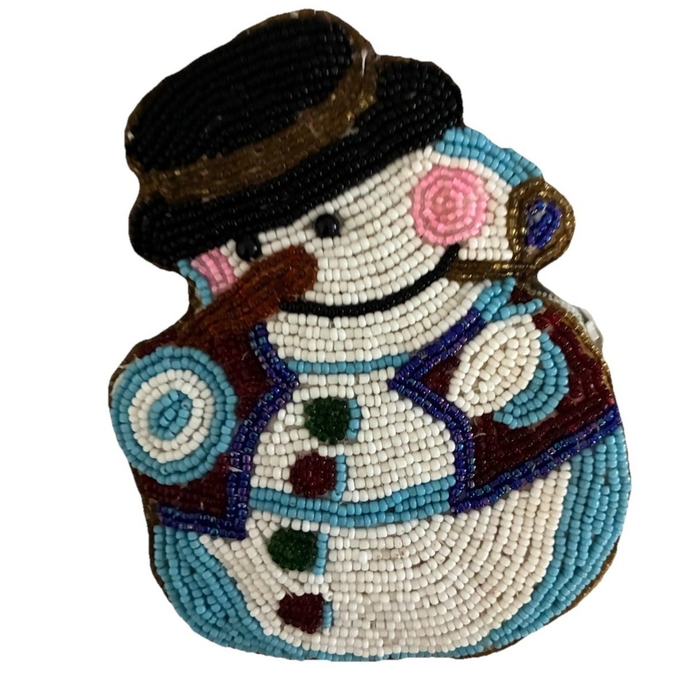 C. Marie Coin Purse Snowman Beaded Zippered 5x4" Vintage